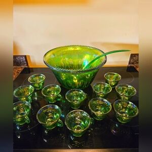 Vintage Indiana Green Iridescent Carnival Glass Harvest Punch Bowl and 12 Cups